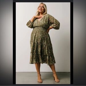Baltic Born tiered dress midi olive green floral bump friendly